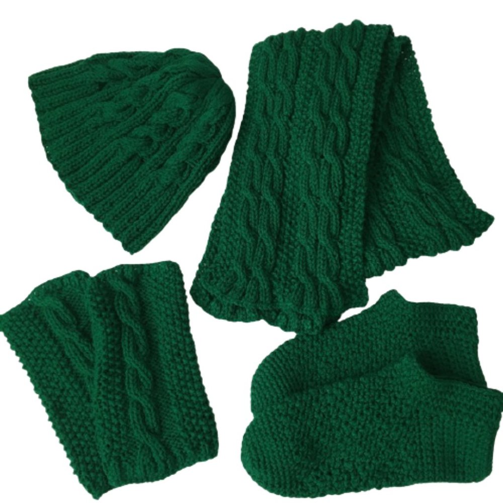 NWT 4 Pcs Knit Beanie Hat Scarf Glove Slippers Set